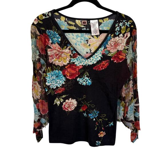 Y2K Fairy Whimsygoth Beaded Semi Sheer Flare Sleeves Blouse Ethereal Medium - Picture 1 of 11